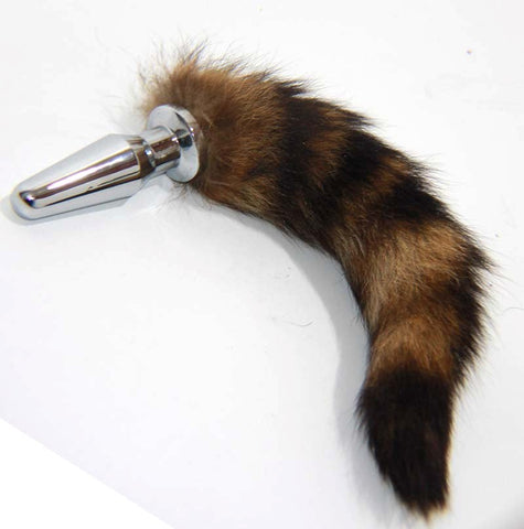 Brown Faux Fox Tail Silver Long Butt Plug - Steel Sex Toys