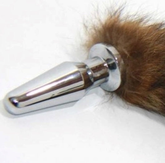 Brown Faux Fox Tail Silver Long Butt Plug - Steel Sex Toys