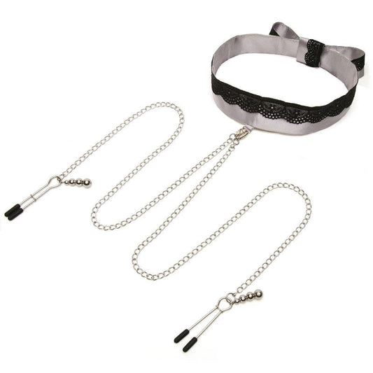Fifty Shades of Grey Play Nice Satin and Lace Collar and Clamps - Collars and Leads