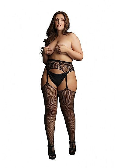 Fishnet and Lace Garterbelt Stockings - Black Hosiery