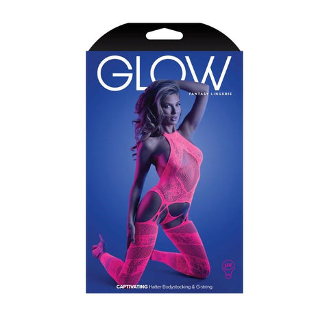 Glow Neon Pink Halter Bodystocking - Luxurious Lingerie Set - Hosiery
