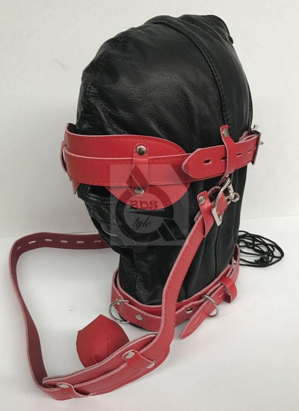 Hell Fire Slave Hood & Blindfold Faux Leather Black & Red Bondage Hoods