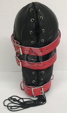 Hell Fire Slave Hood & Blindfold Faux Leather Black & Red - Bondage Hoods