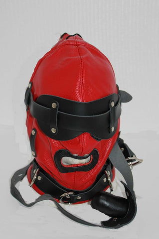 Hell Fire Slave Hood & Blindfold Faux Leather Red & Black - Bondage Hoods