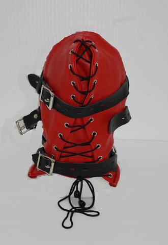 Hell Fire Slave Hood & Blindfold Faux Leather Red & Black - Bondage Hoods