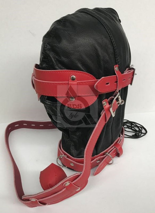 Hell On Fire Black With Red Slave Hood & Blindfold Leather - Bondage Hoods