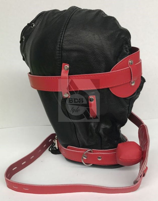 Hell On Fire Black With Red Slave Hood & Blindfold Leather - Bondage Hoods