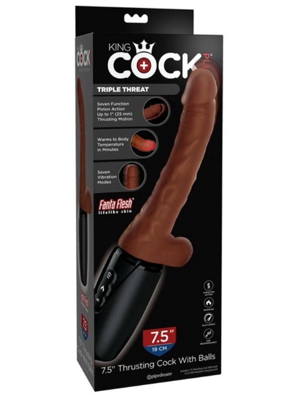 King Cock Plus 7.5 in. Thrusting Cock with Balls Brown Realistic Dildos