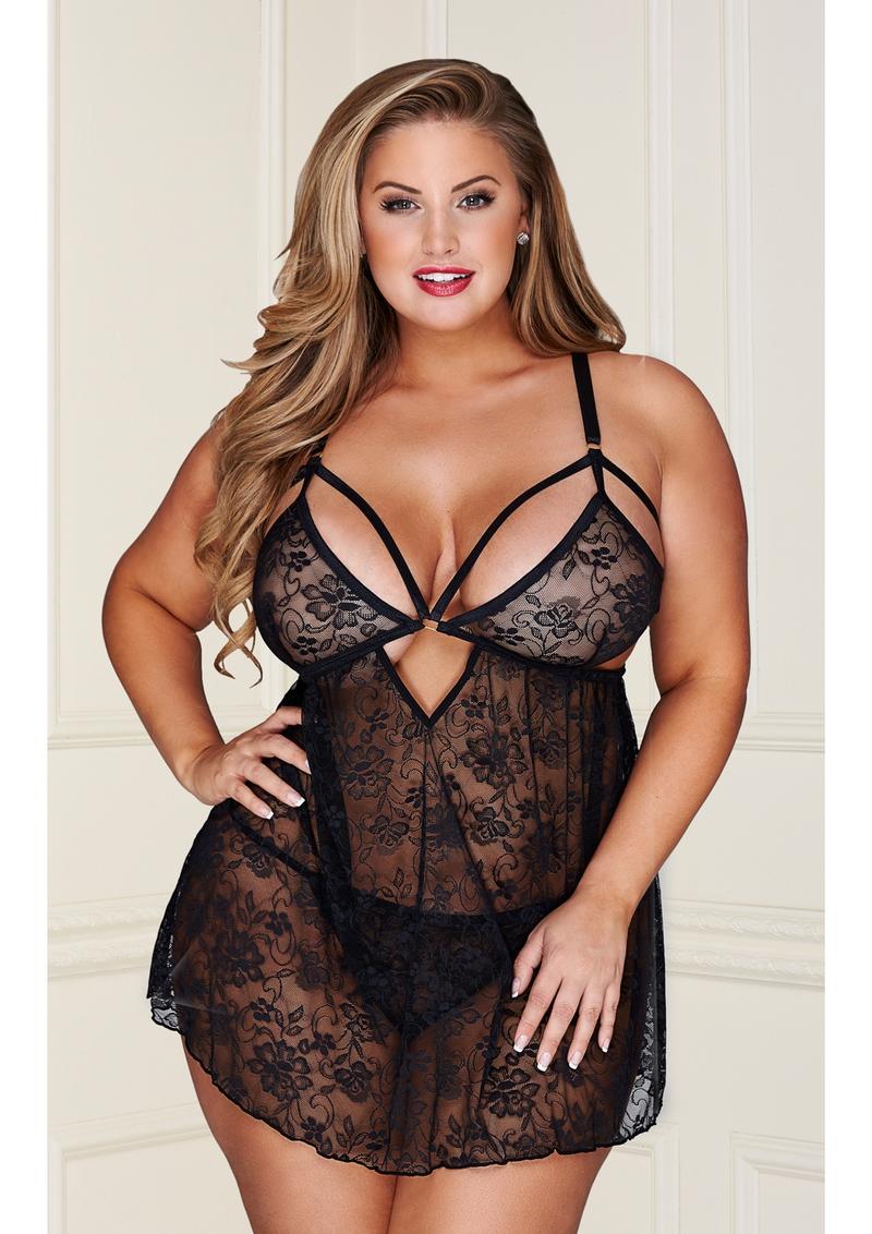 Baci Lingerie Lace Babydoll Set With G String 2 Piece BabyDolls And Chemises