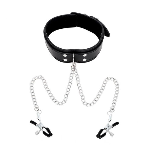 KinkCraft Slave Collar Leather and Nipple Clamps - Collars and Leads