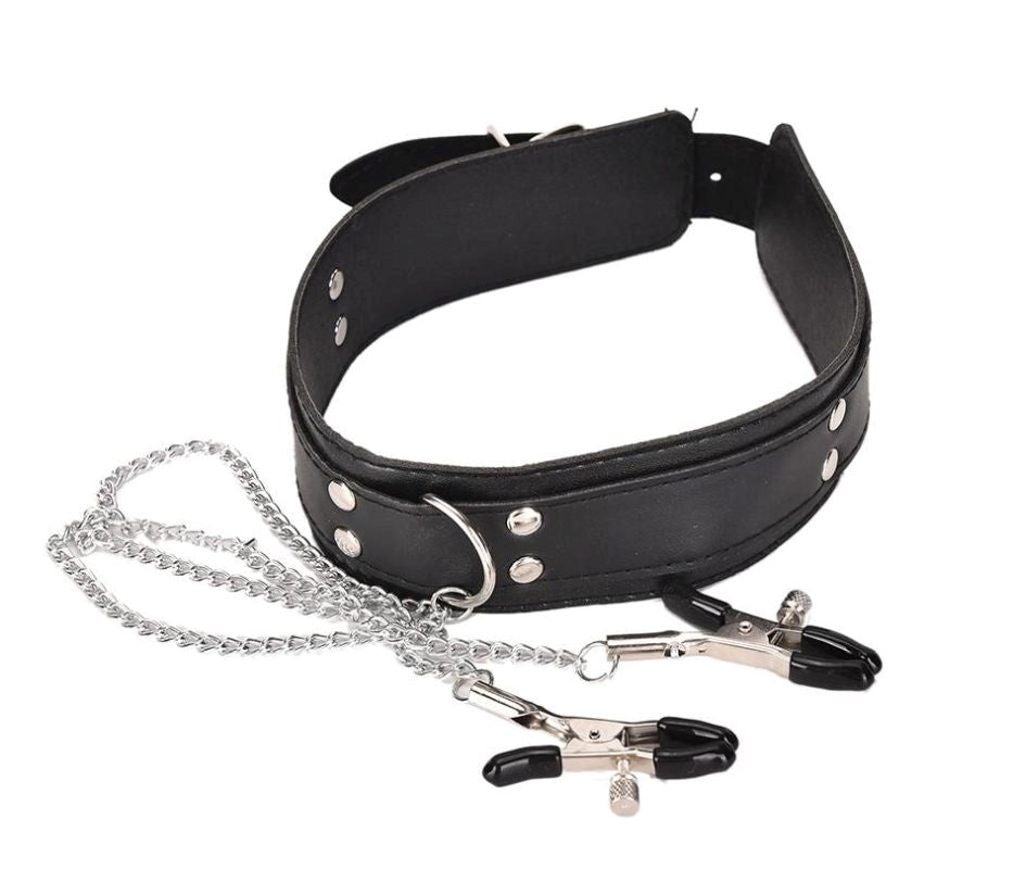 KinkCraft Slave Collar Leather and Nipple Clamps Collars and Leads