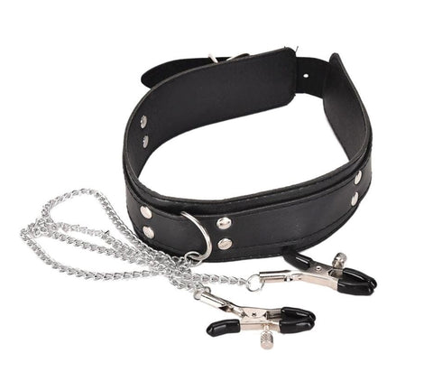 KinkCraft Slave Collar Leather and Nipple Clamps - Collars and Leads