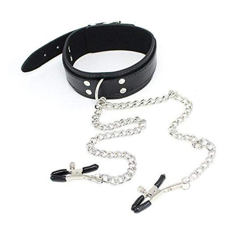 KinkyKandi Bondage Collar Black with Nipple Clamps - Collars and Leads