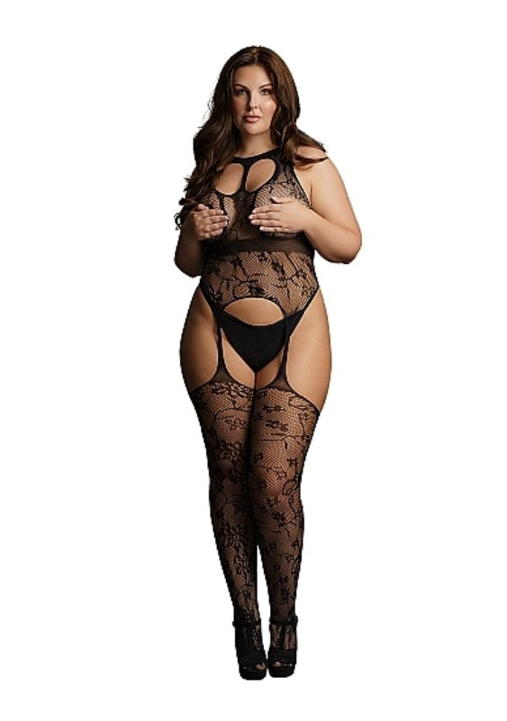 Lace Suspender Bodystocking with Round Neck Queen Size Body Stockings