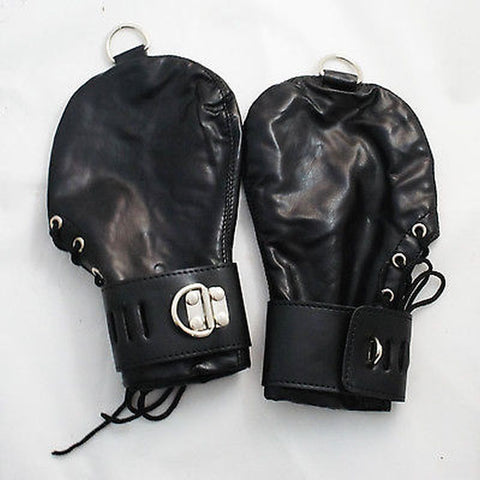 Lace Up Leather Mitts with Wrist Cuffs - Cuffs and Restraints