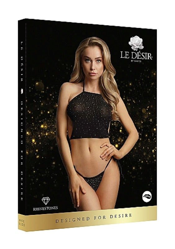 Le Desir Festive Rhinestone Top and Thong OS -Black Bras and Bra Sets
