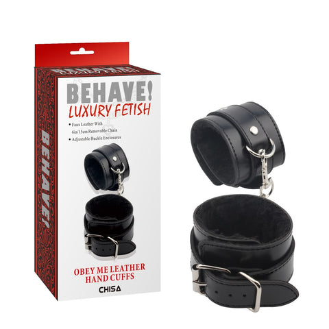 Behave Obey Me Leather Bondage Hand Cuffs Black - Cuffs And Restraints