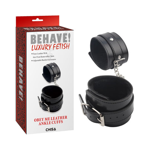 Behave Obey Me Leather Fetish Ankle Cuffs Black - Cuffs And Restraints