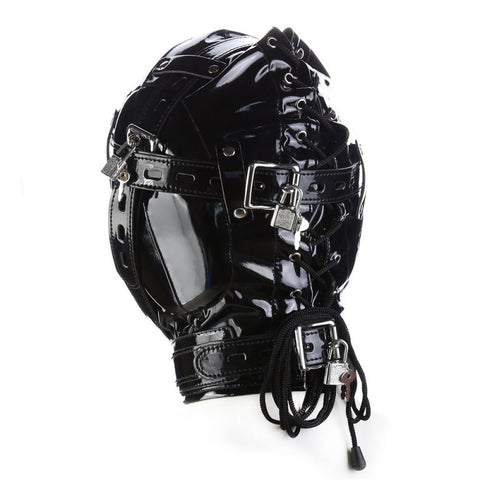 BDStyle Blindfolded Hood With Mouth Hole Bright Black - Bondage Hoods