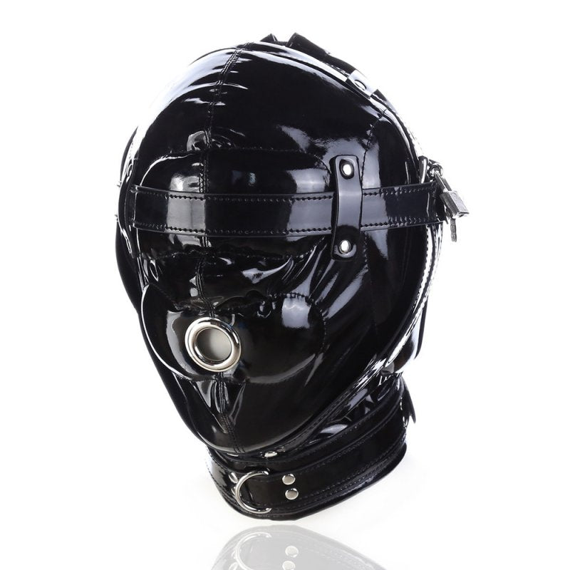 BDStyle Blindfolded Hood With Mouth Hole Bright Black Bondage Hoods