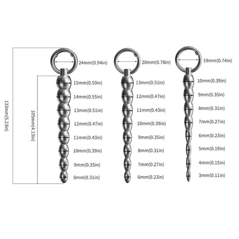 BDStyle Ribbed Metal Dilator Urethral Beads with Ring - Urethral Sounds