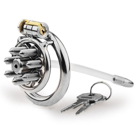 BDStyle Spikes Flat Chastity Cock Cage With Urethral Sound - Male Chastity