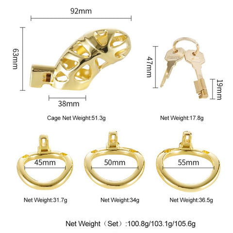 BDStyle Gold Chastity Cage Locked with 3 Active Sizes Rings - Male Chastity