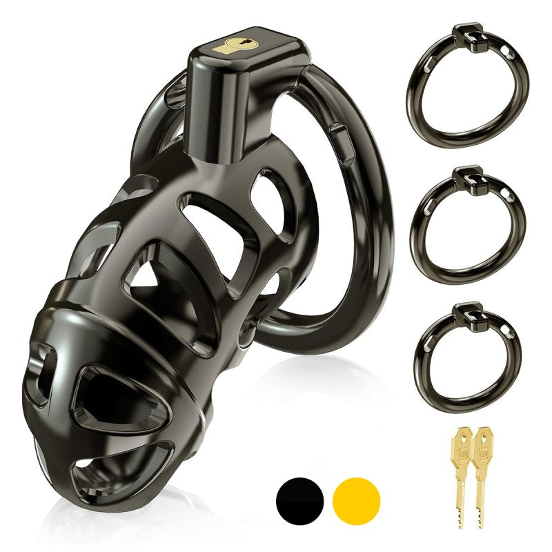 BDStyle Black Mens Chastity Cage Locked with 3 Active Sizes Rings Male Chastity