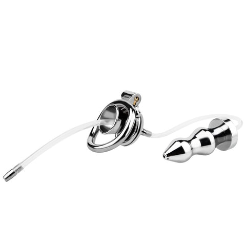 BDStyle Stainless Steel Male Chastity Cage With Enema Butt Plug Medium - Male Chastity