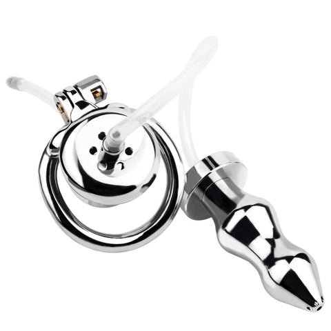 BDStyle Stainless Steel Male Chastity Cage With Enema Butt Plug Medium - Male Chastity