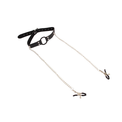 Chisa Breathable O-ring Gag with Nipple Clamps - Bondage Gags and Bits