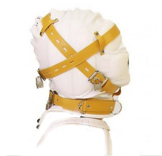 Obey Sir Sensory Deprivation Hood White Leather - Bondage Hoods