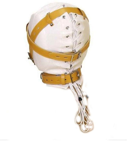 Obey Sir Sensory Deprivation Hood White Leather - Bondage Hoods