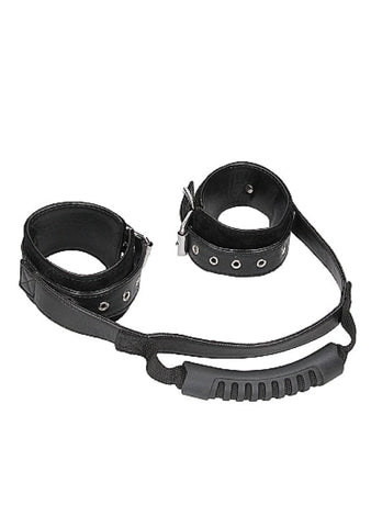 Ouch Black and White Bonded Leather Wrist Cuffs with Handle - Cuffs and Restraints