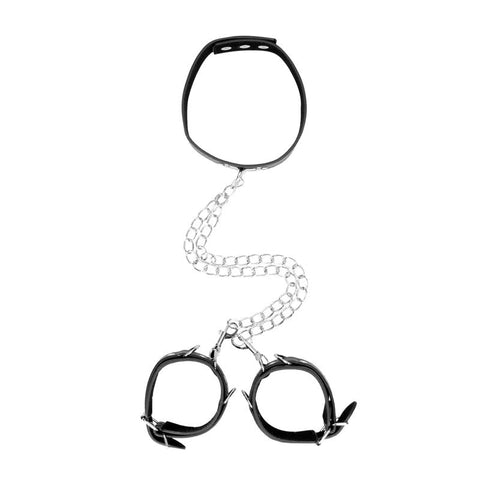 OUCH! BW Bonded Leather Collar With Hand Cuffs - Cuffs and Restraints