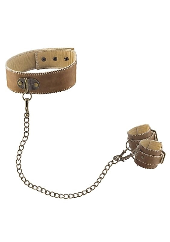 Ouch! Bondage Collar With Handcuffs Brown Collars And Cuffs