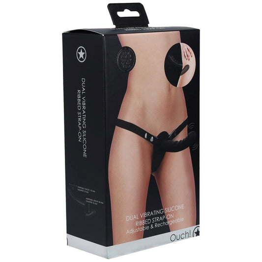 OUCH! Dual Silicone Ribbed Vibrating Strap-On - Double the Bliss - Strap On Sextoys