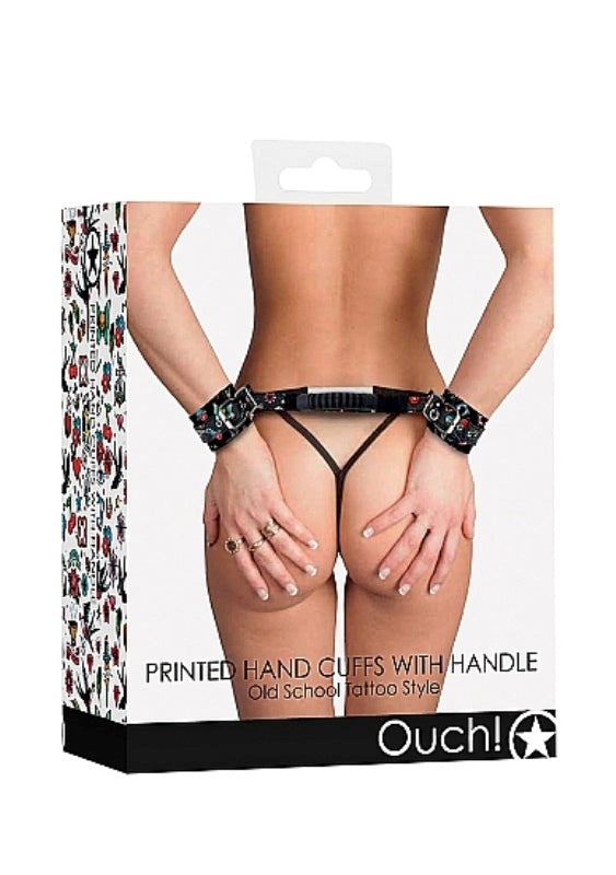 OUCH! Printed Handcuffs with Handle - Old School Collars And Cuffs