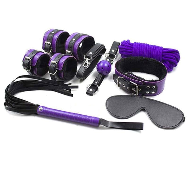 Purple And Black Fur Lined Bondage Kit 7 Piece Bondage Kits