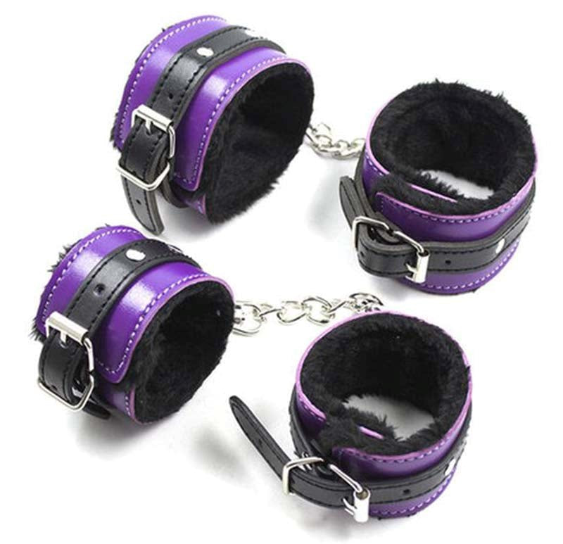 Purple And Black Fur Lined Bondage Kit 7 Piece Bondage Kits