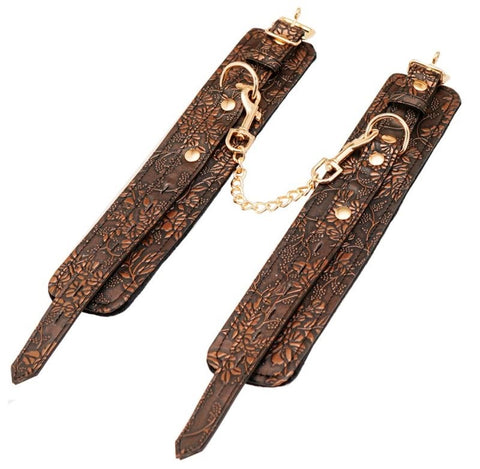Spartacus Brown Floral Print PU Ankle Cuffs - Cuffs and Restraints