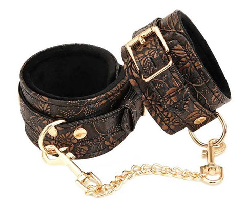 Spartacus Brown Floral Print PU Ankle Cuffs - Cuffs and Restraints