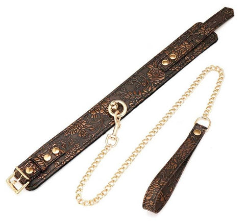 Spartacus Brown Floral Print PU Collar and Leash - Collars and Leads