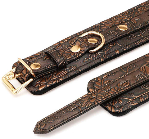 Spartacus Brown Floral Print PU Wrist Cuffs - Cuffs and Restraints