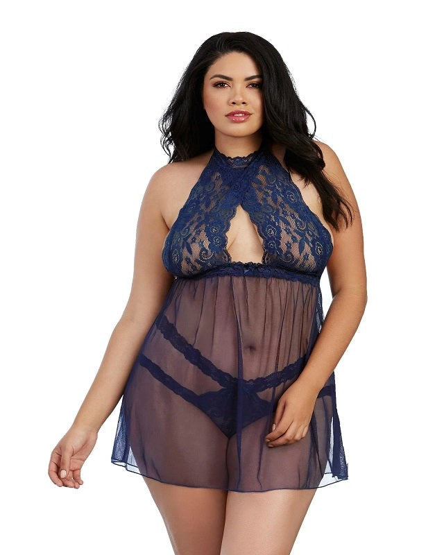 Stretch Lace and Mesh Babydoll with Matching Panty Babydolls and Chemises