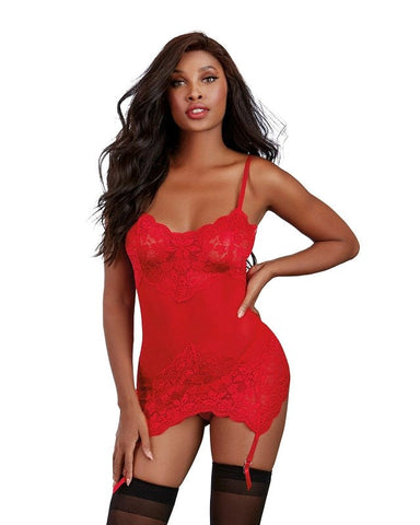 Stretch Lace and Mesh Garter Slip with Matching G-String Set - Babydolls and Chemises