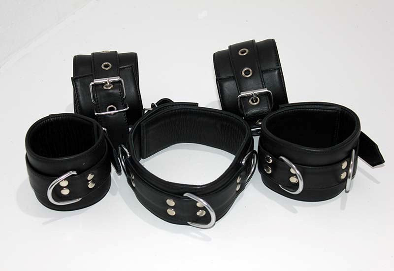 Submissive's Complete Black Leather Restraint Set Cuffs and Restraints