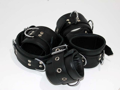 Submissive's Complete Black Leather Restraint Set - Cuffs and Restraints