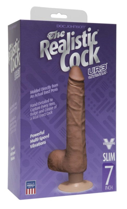 The Realistic Cock UR3 Vibrating 7 in. Slim with Balls Brown Realistic Dildos