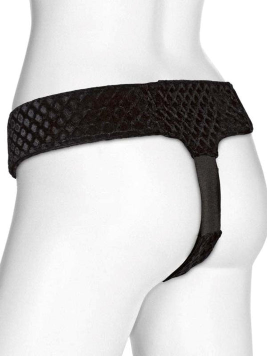 Vac-U-Lock EZ Rider Thong Velvet Harness with Plug Black - Strap On Sextoys